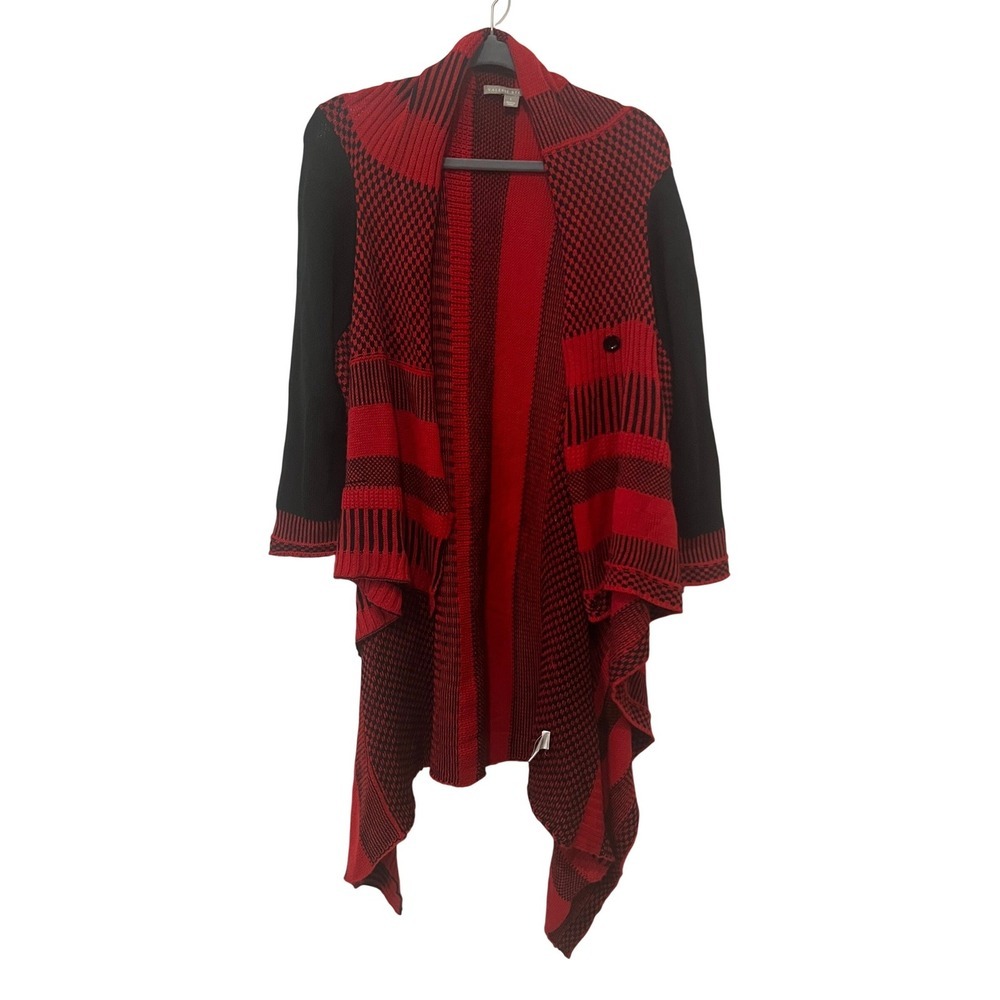 Valerie Stevens Red Black Mixed Pattern Open Front Cardigan Sweater L (1067)